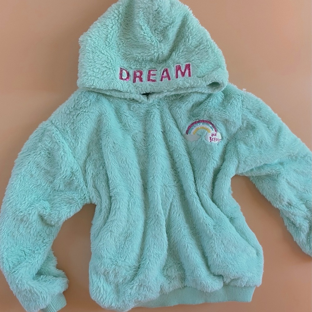 Girls Fuzzy and cozy shearling hoodie in teal by Betsey Johnson